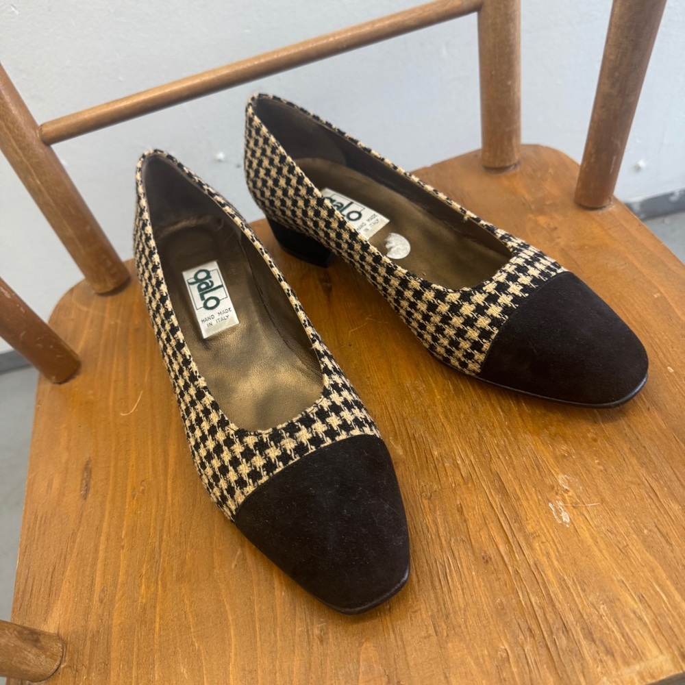 Vintage Galo Houndstooth Block Heel Pumps sz US8 EU38½ cream black tweed leather - Picture 10 of 10